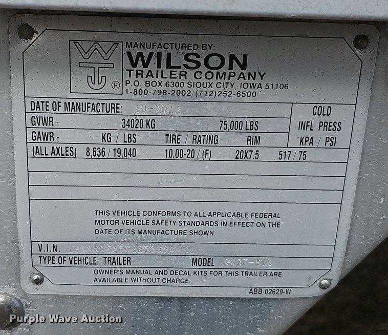 image for item DK0580 2012 Wilson Trailer Company DWBT-650 live bottom trailer