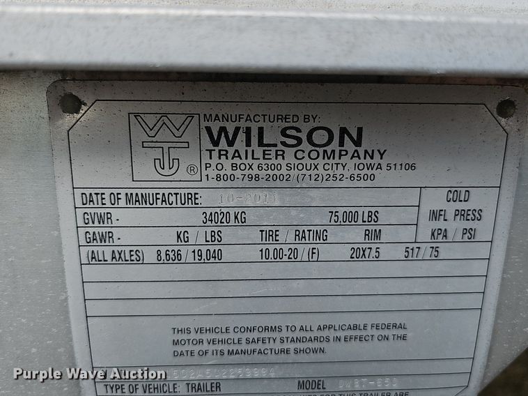 image for item DK0580 2012 Wilson Trailer Company DWBT-650 live bottom trailer