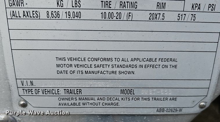 image for item DK0580 2012 Wilson Trailer Company DWBT-650 live bottom trailer