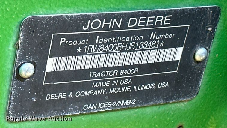 image for item DQ6732 2018 John Deere 8400R MFWD tractor