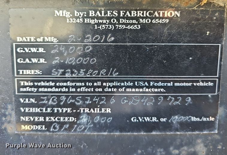 image for item EJ5914 2016 Bales Fabrication BF10T equipment trailer