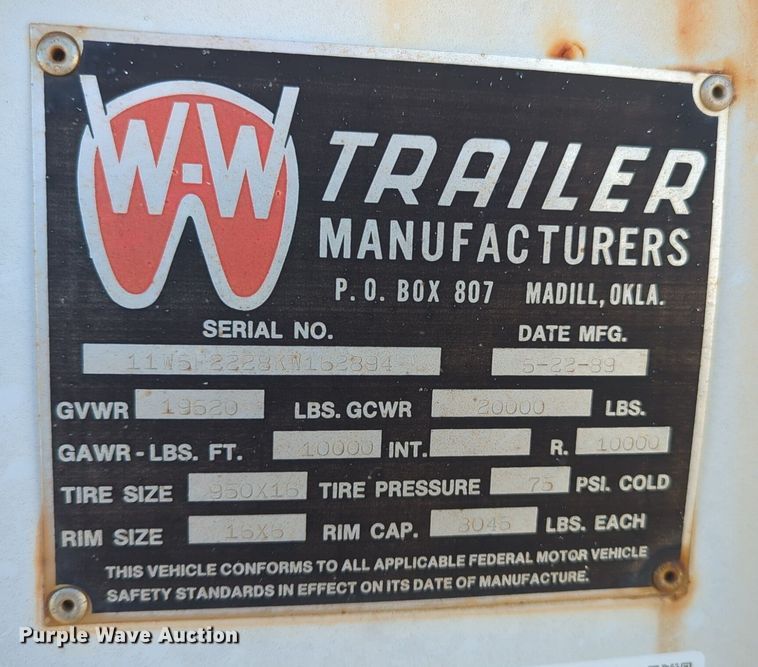 image for item NZ9323 1989 W-W equipment trailer