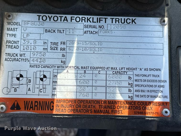 image for item OA9574 Toyota 8FGU30 forklift