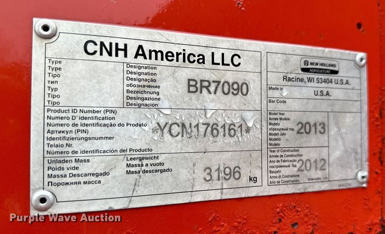 image for item OA9652 2013 New Holland BR7090 Specialty Crop round baler