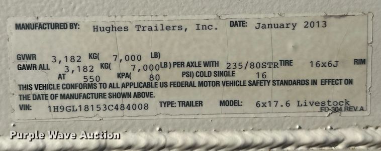 image for item OM9865 2013 Hughes  horse trailer 