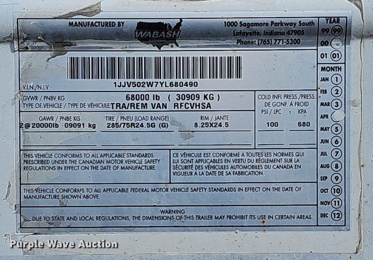 image for item DK0602 2000 Wabash National RFCVHSA refrigerated van trailer