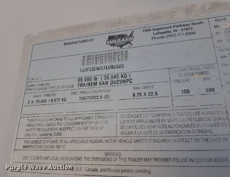 image for item DP2675 2007 Wabash dry van trailer