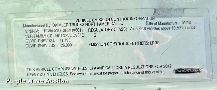 image for item DW2948 2017 Freightliner Business Class M2 box truck