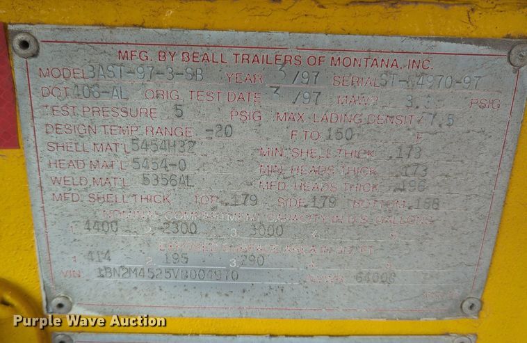 image for item NZ9298 1997 Beall BAST-97-3-SB tank trailer