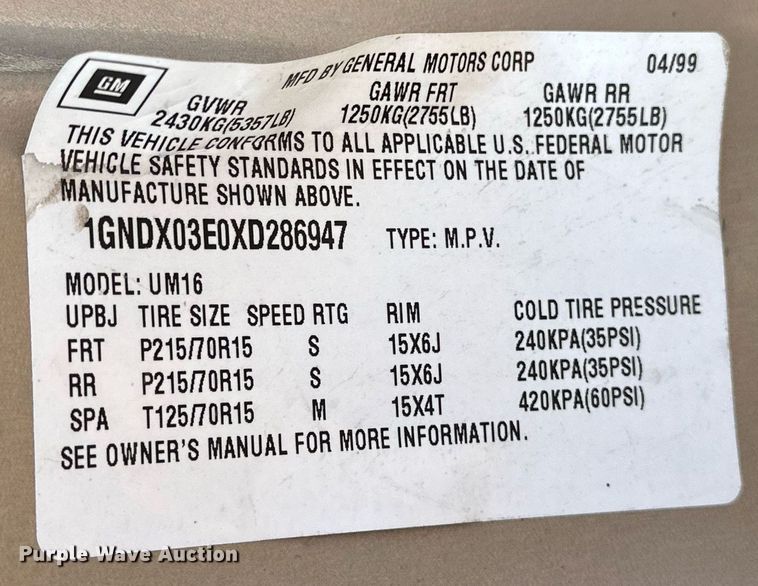 image for item NJ9315 1999 Chevrolet Venture van