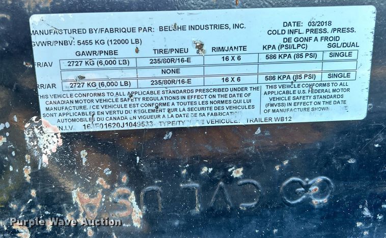 image for item DJ6431 2018 Belshe equipment trailer