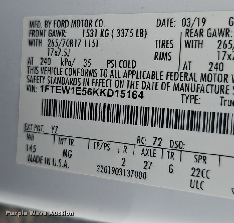 image for item DK0543 2019 Ford F150 SuperCrew pickup truck