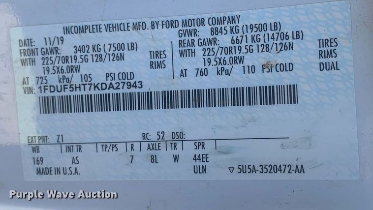 image for item DM7760 2019 Ford F550 truck cab and chassis