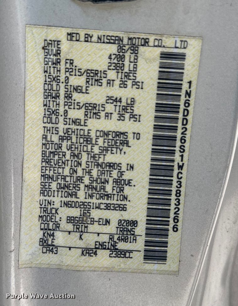 image for item DQ6333 1998 Nissan Frontier XE King Cab pickup truck