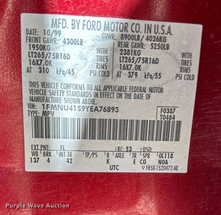 image for item DQ6338 2000 Ford Excursion XLT SUV