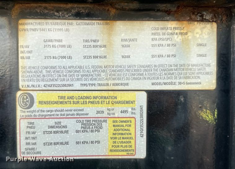 image for item DQ6358 2020 Gatormade 30+5 Gooseneck  equipment trailer