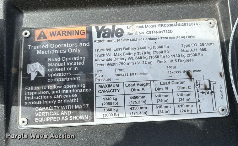 image for item EG1258 Yale ERC030AHN36TE078 forklift