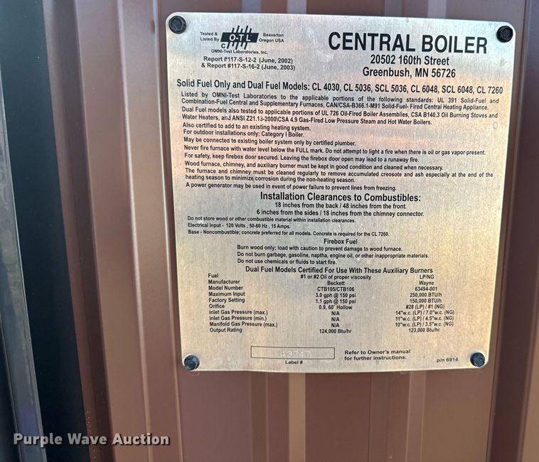 image for item EH6543 2007 Central Boiler Inc. CL5036 wood furnace