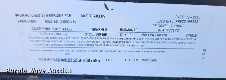 image for item EI3558 2015 Rice Trailers   equipment trailer