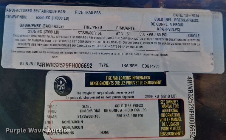 image for item EI3559 2015 Rice Trailers  equipment trailer