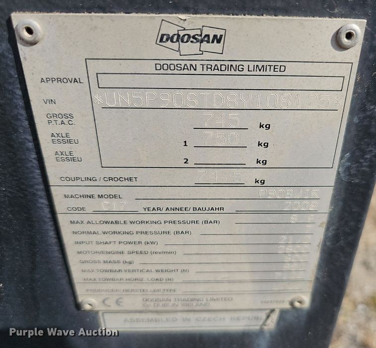 image for item EJ5958 2008 Ingersoll Rand  P90BWIR air compressor