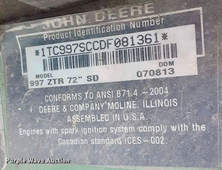 image for item EK4125 2013 John Deere 997 ZTR lawn mower