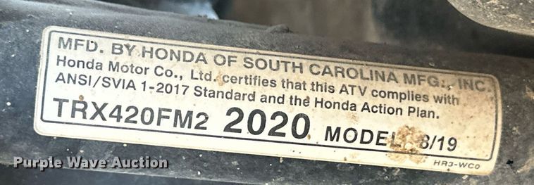 image for item EK9939 2020 Honda Rancher TRX420FM2 ATV