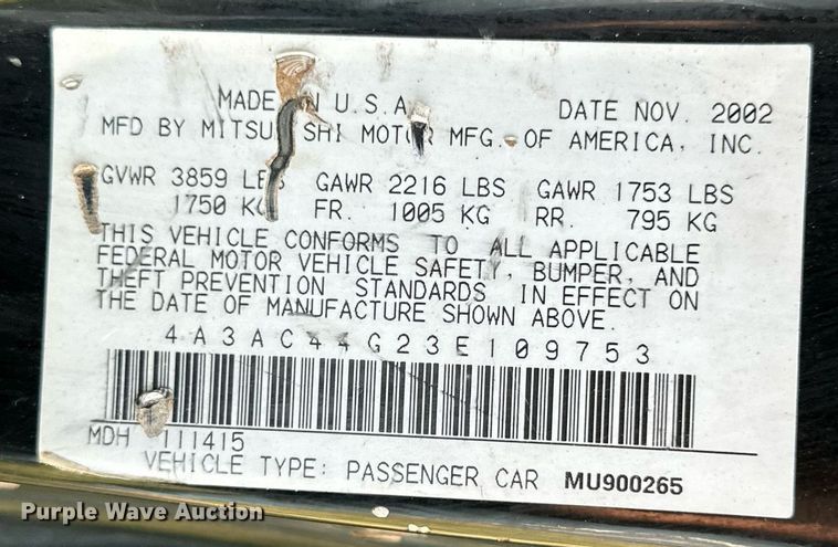 image for item JT9077 2003 Mitsubishi  Eclipse 