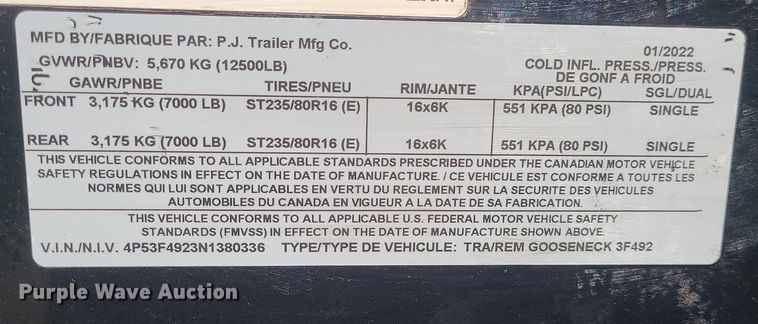 image for item MQ9633 2022 P.J. equipment trailer