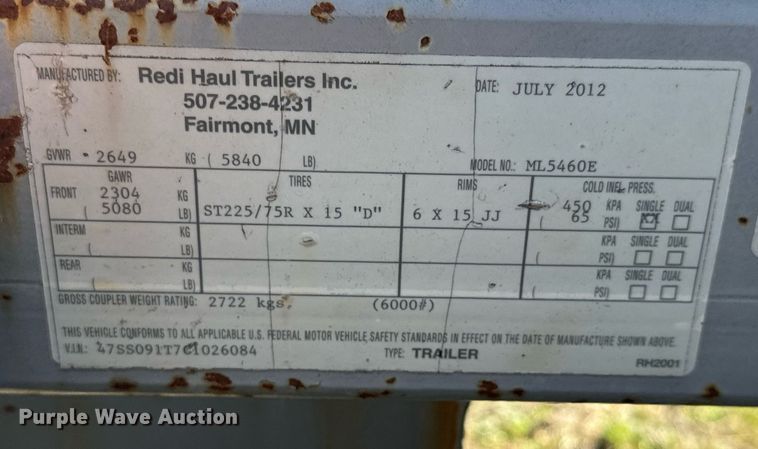 image for item NU9459 2012 Redi Haul ML5460E tilt deck utility trailer