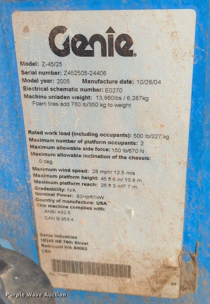 image for item NZ9334 2005 Genie Z-45/25 boom lift