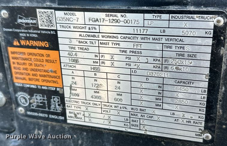 image for item OA9569 Doosan G35NC-7 forklift