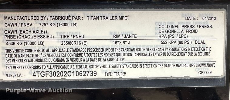image for item OA9619 2012 Titan CF2739 equipment trailer