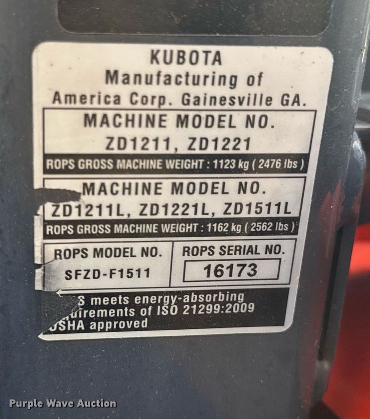 image for item OJ9576 Kubota ZD1511 ZTR lawn mower