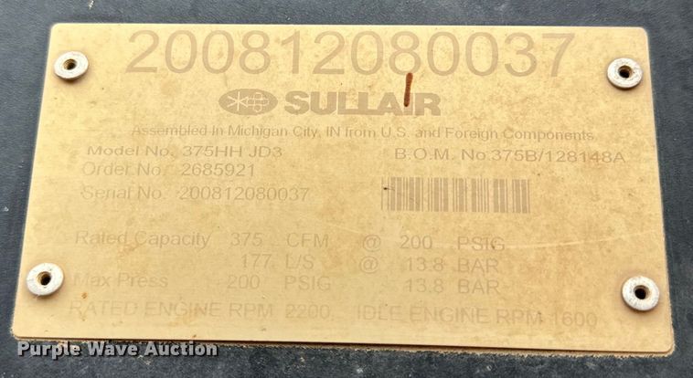 image for item DG4270 2008 Sullair 375HH  air compressor