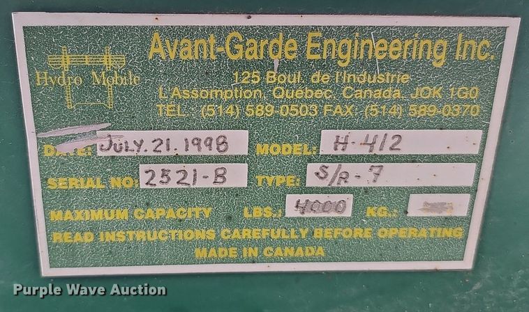 image for item DK0579 Avant Garde Engineering Inc H412 overhead crane