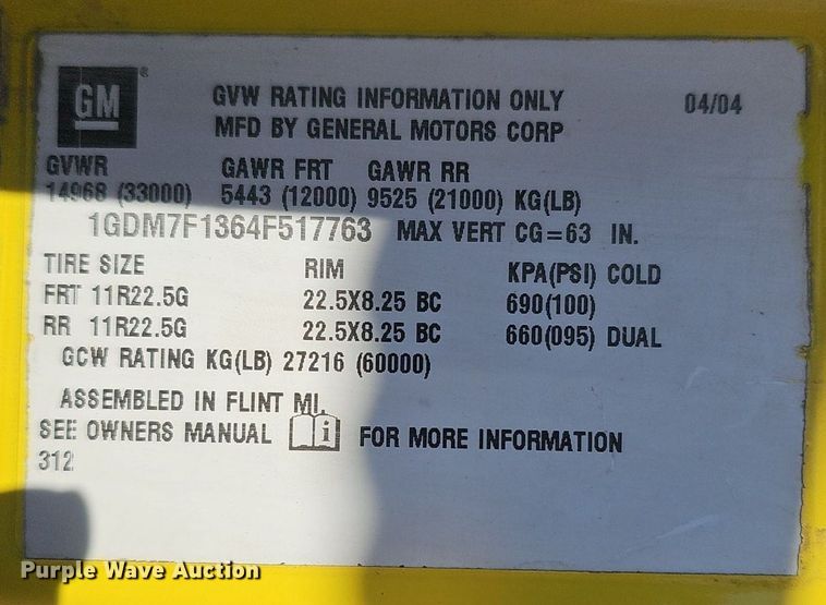 image for item DK0596 2004 GMC T7500 street sweeper truck