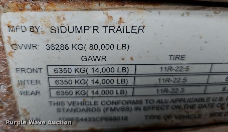 image for item DK0627 2012 SiDump'R SDR 325 side dump trailer