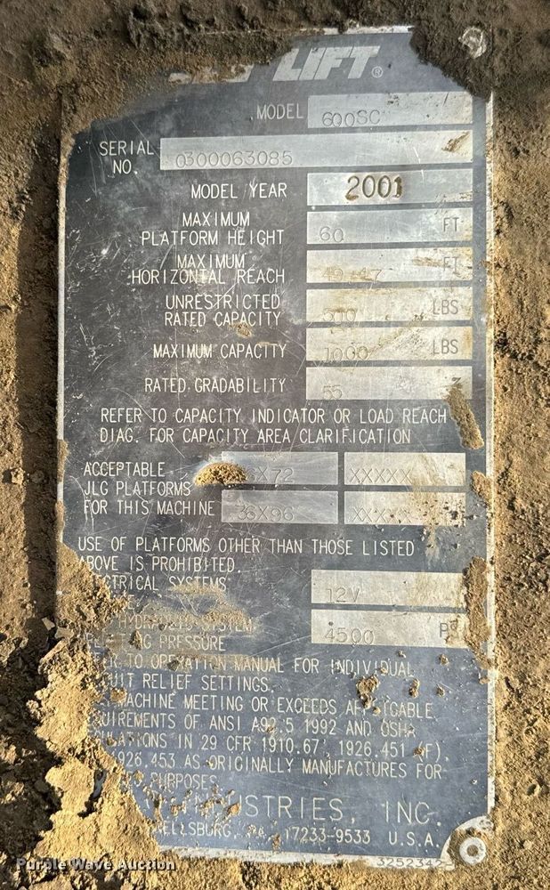 image for item DL4358 2001 JLG 600SC boom lift