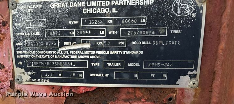 image for item DL4398 1995 Great Dane GPMS-248 flatbed trailer