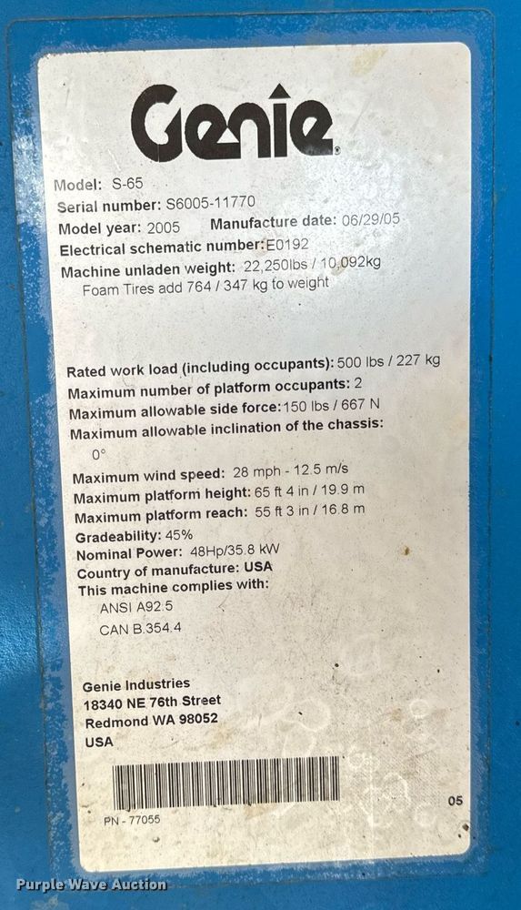 image for item DL4407 2005 Genie S-65 boom lift