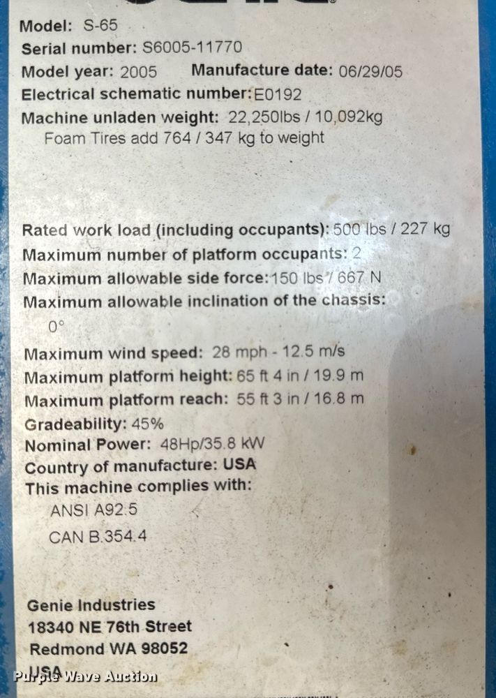 image for item DL4407 2005 Genie S-65 boom lift