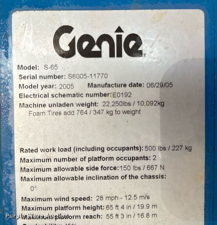 image for item DL4407 2005 Genie S-65 boom lift
