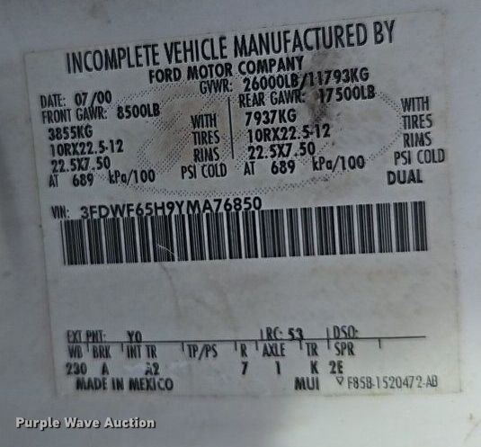 image for item DN7229 2000 Ford F650 Super Duty XL truck cab and chassis