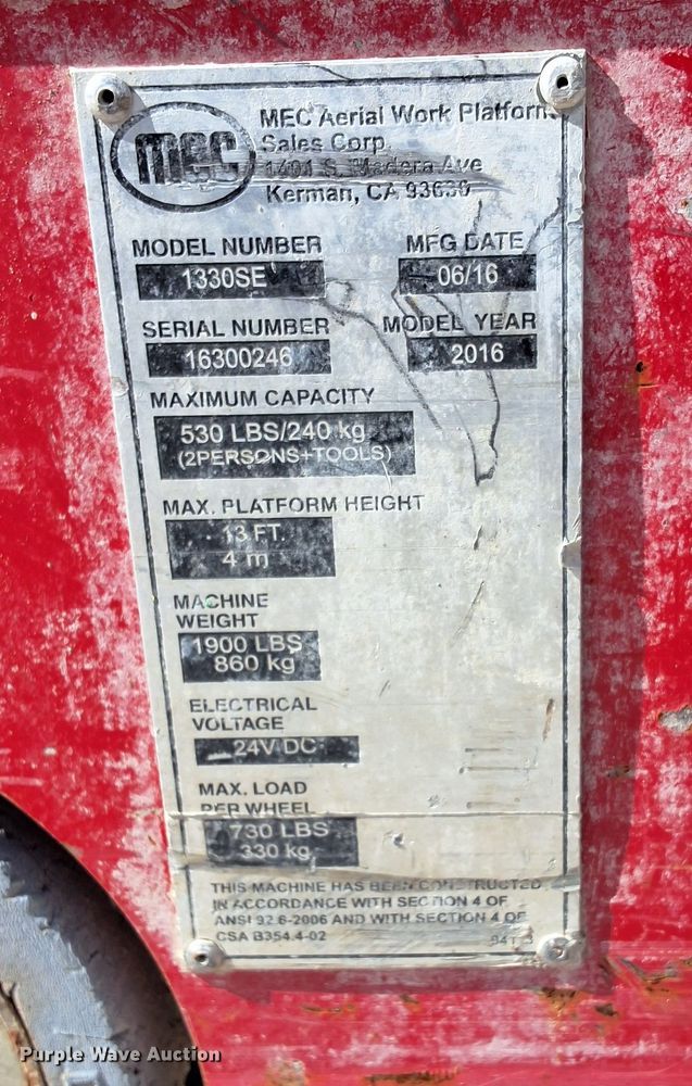 image for item DN7677 2016 MEC 1330SE scissor lift