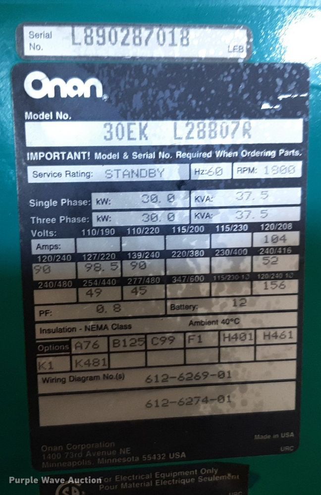 image for item DP2593 Onan 30EK L28807R generator
