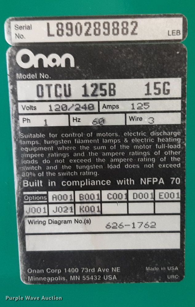 image for item DP2593 Onan 30EK L28807R generator