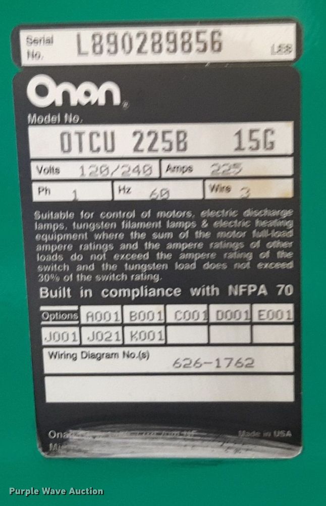 image for item DP2593 Onan 30EK L28807R generator