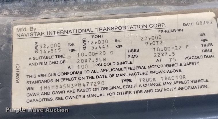 image for item DQ5970 1993 International 8100 dump truck