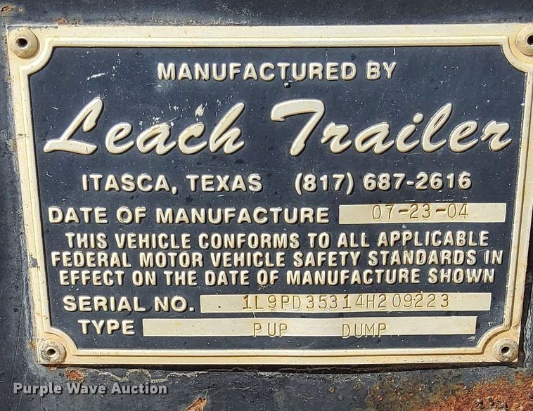 image for item DQ5972 2004 Leach Pup Dump end dump pup trailer